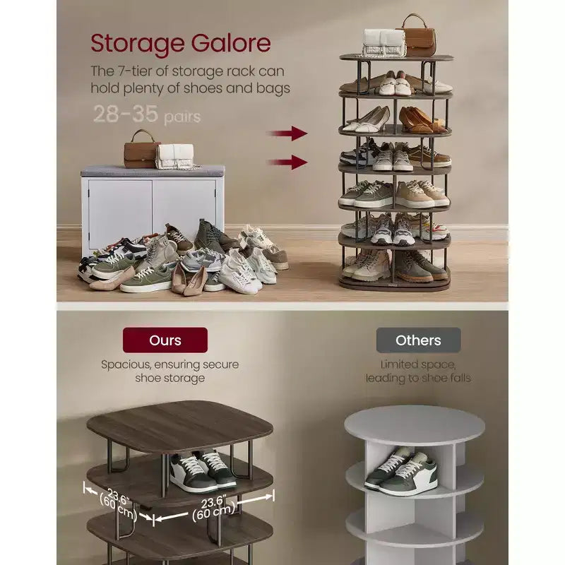 VASAGLE 7-Tier Shoe Rack, Rotating Shoe Rack Tower, Shoe Closet Organizer, Shoe Shelf, 28-35 Pairs, 23.6 x 23.6 x 47.2 Inches