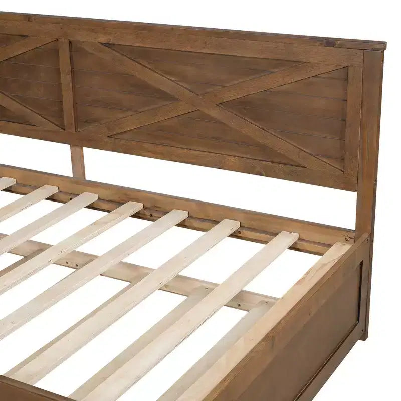 Twin Size Daybed with Trundle/2 Drawers and Rustic Guardrail, Grey/Brown-ModernLuxe