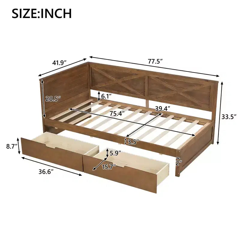 Twin Size Daybed with Trundle/2 Drawers and Rustic Guardrail, Grey/Brown-ModernLuxe