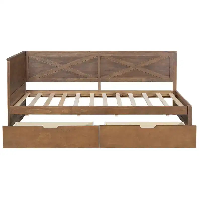 Twin Size Daybed with Trundle/2 Drawers and Rustic Guardrail, Grey/Brown-ModernLuxe