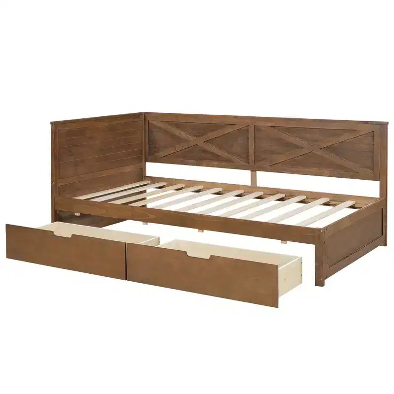 Twin Size Daybed with Trundle/2 Drawers and Rustic Guardrail, Grey/Brown-ModernLuxe