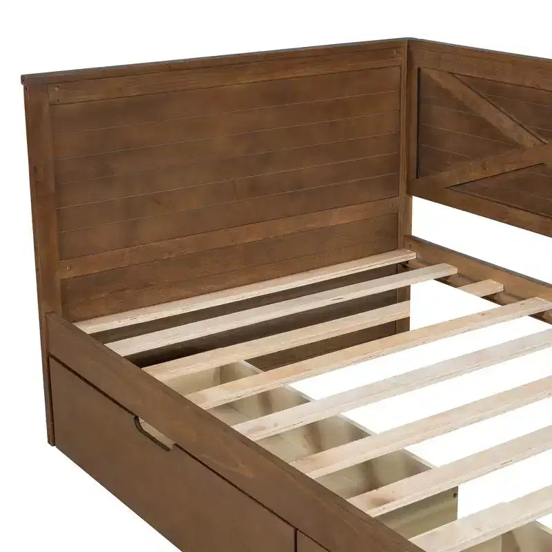Twin Size Daybed with Trundle/2 Drawers and Rustic Guardrail, Grey/Brown-ModernLuxe