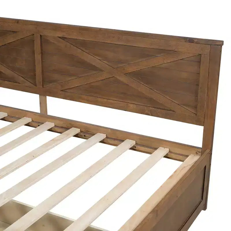 Twin Size Daybed with Trundle/2 Drawers and Rustic Guardrail, Grey/Brown-ModernLuxe