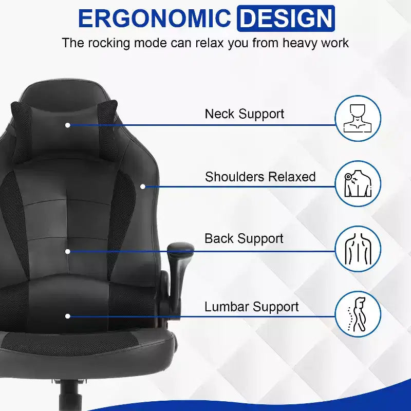 BestMassage Gaming Chair Office Chair Computer Desk Chair with Lumbar Support and Adjustable Headrest and PU Leather Gamer Chair for Adults