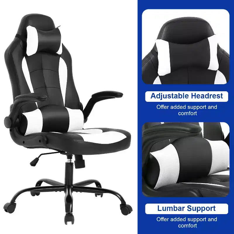 BestMassage Gaming Chair Office Chair Computer Desk Chair with Lumbar Support and Adjustable Headrest and PU Leather Gamer Chair for Adults