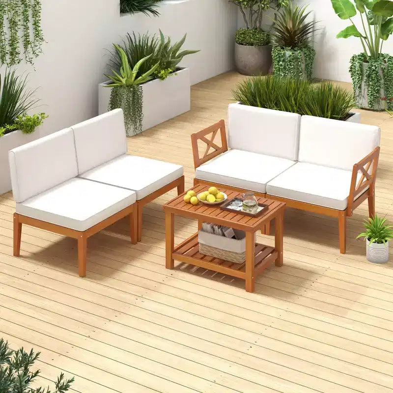 Costway 5 PCS Acacia Wood Patio Furniture Set with Cushions and 2-Tier Coffee Table