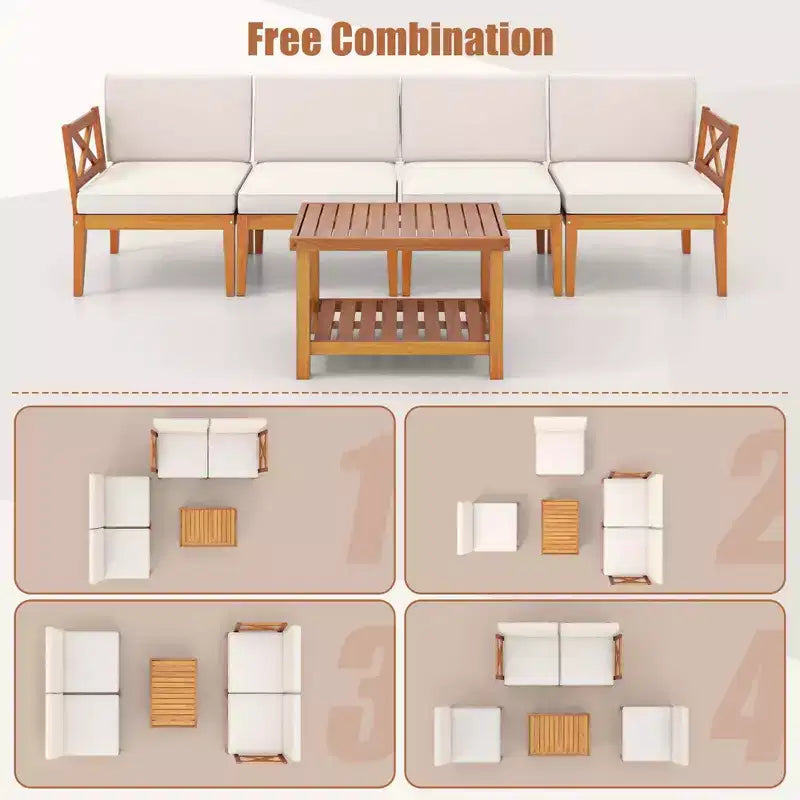 Costway 10 PCS Acacia Wood Patio Furniture Set with Cushions and 2-Tier Coffee Table