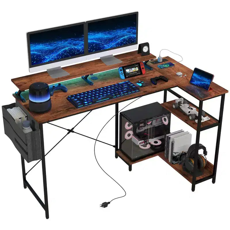 HOMCOM 58 Reversible L Shaped Desk with Storage Bag, Corner Computer Desk with Power Outlet and LED Light, Monitor Shelf and CPU Stand