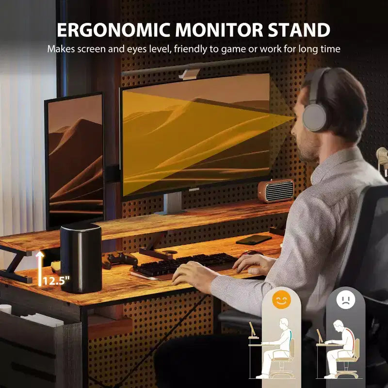 HOMCOM 58 Reversible L Shaped Desk with Storage Bag, Corner Computer Desk with Power Outlet and LED Light, Monitor Shelf and CPU Stand