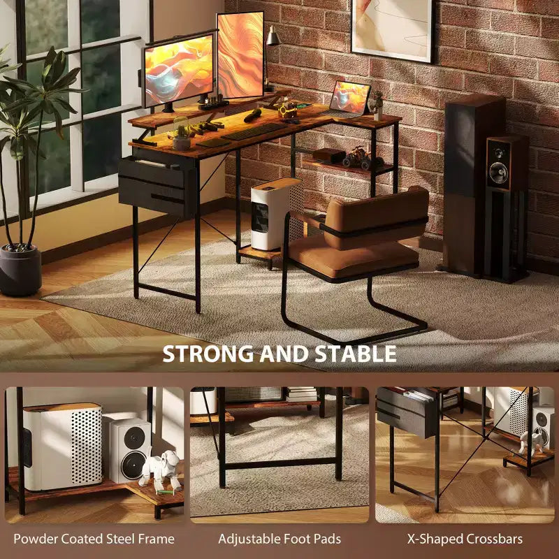 HOMCOM 58 Reversible L Shaped Desk with Storage Bag, Corner Computer Desk with Power Outlet and LED Light, Monitor Shelf and CPU Stand