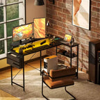 HOMCOM 58 Reversible L Shaped Desk with Storage Bag, Corner Computer Desk with Power Outlet and LED Light, Monitor Shelf and CPU Stand
