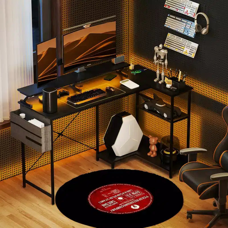 HOMCOM 58 Reversible L Shaped Desk with Storage Bag, Corner Computer Desk with Power Outlet and LED Light, Monitor Shelf and CPU Stand