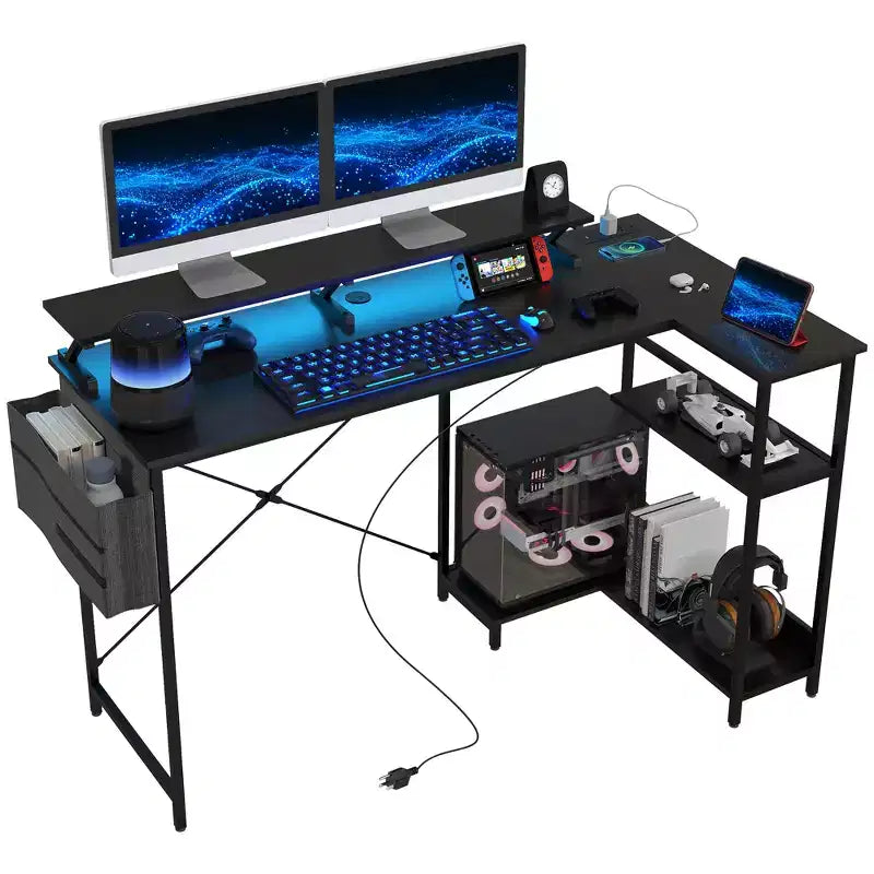 HOMCOM 58 Reversible L Shaped Desk with Storage Bag, Corner Computer Desk with Power Outlet and LED Light, Monitor Shelf and CPU Stand