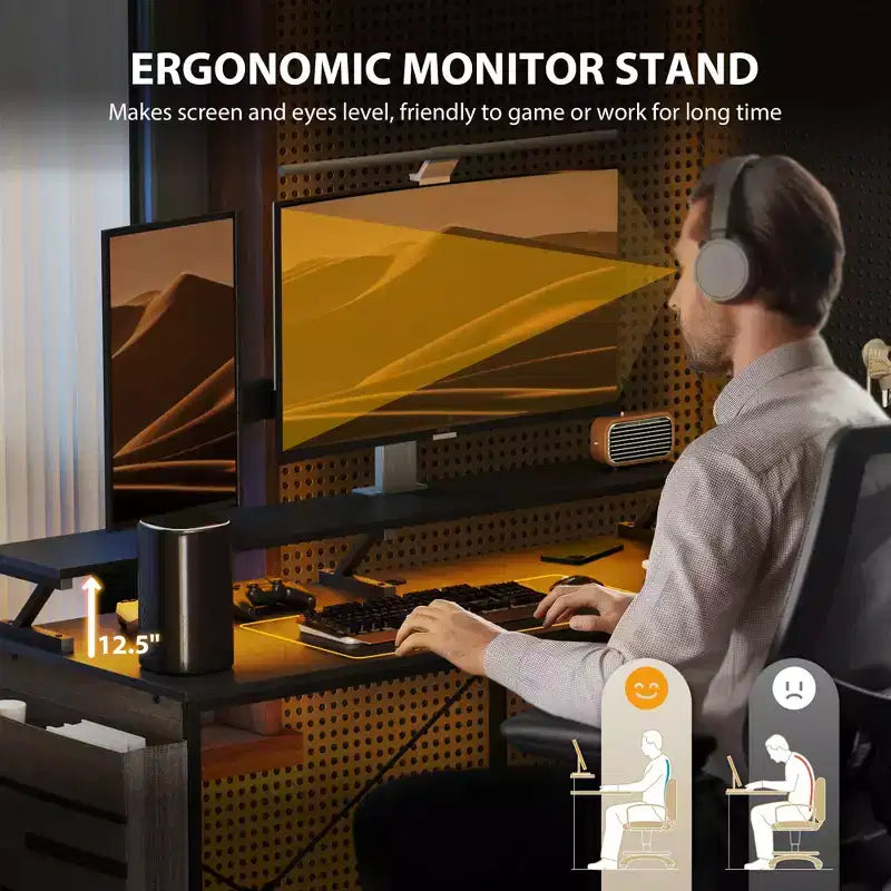 HOMCOM 58 Reversible L Shaped Desk with Storage Bag, Corner Computer Desk with Power Outlet and LED Light, Monitor Shelf and CPU Stand