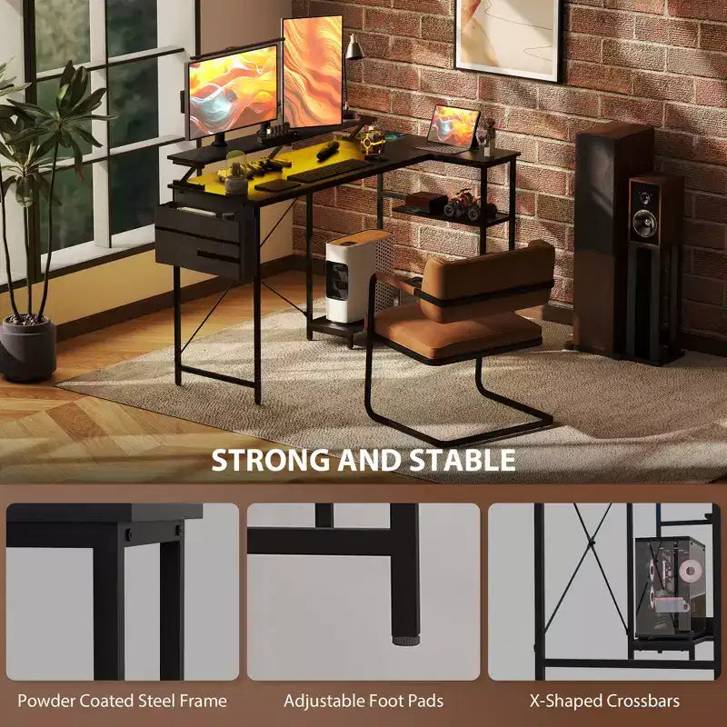 HOMCOM 58 Reversible L Shaped Desk with Storage Bag, Corner Computer Desk with Power Outlet and LED Light, Monitor Shelf and CPU Stand