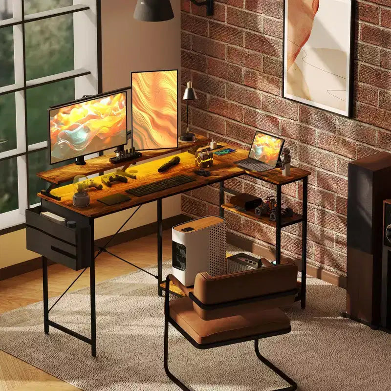 HOMCOM 58 Reversible L Shaped Desk with Storage Bag, Corner Computer Desk with Power Outlet and LED Light, Monitor Shelf and CPU Stand