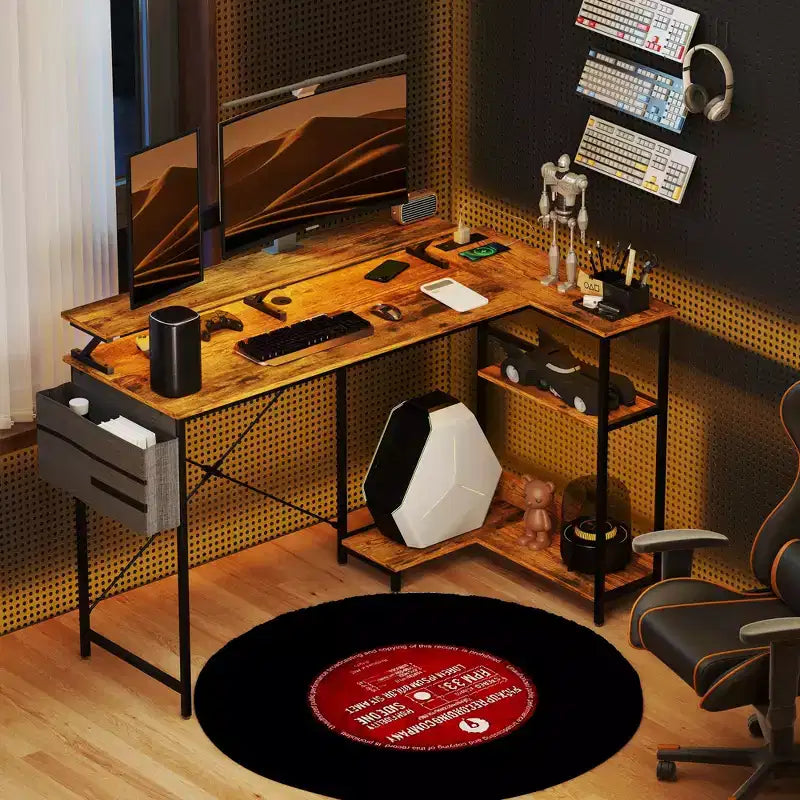 HOMCOM 58 Reversible L Shaped Desk with Storage Bag, Corner Computer Desk with Power Outlet and LED Light, Monitor Shelf and CPU Stand