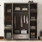 Whisen Wood 4-Door Wardrobe Armoire with Hanging Rod, 1-Drawer and Storage Shelves
