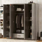 Whisen Wood 4-Door Wardrobe Armoire with Hanging Rod, 1-Drawer and Storage Shelves
