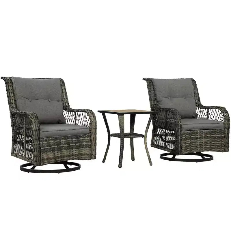 Outsunny Wicker Bistro Set, 3 Piece Patio Furniture Set with Swivel Rocking Chairs and Storage Table, Thickened Cushions for Balcony, Porch
