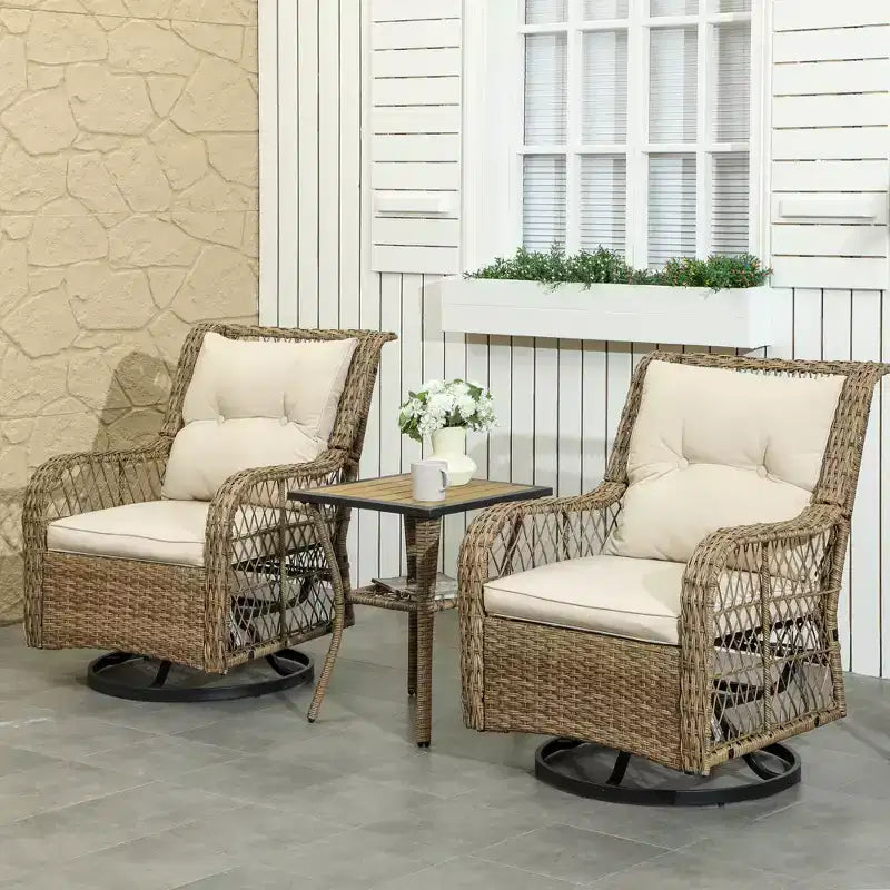 Outsunny Wicker Bistro Set, 3 Piece Patio Furniture Set with Swivel Rocking Chairs and Storage Table, Thickened Cushions for Balcony, Porch