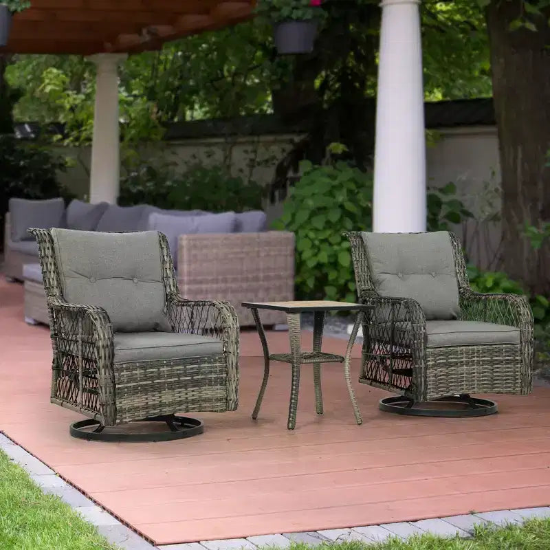 Outsunny Wicker Bistro Set, 3 Piece Patio Furniture Set with Swivel Rocking Chairs and Storage Table, Thickened Cushions for Balcony, Porch