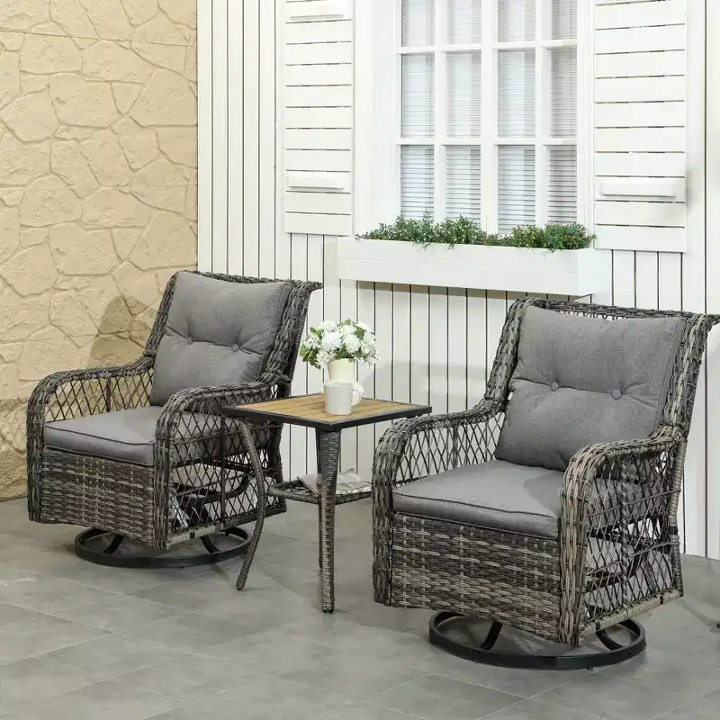 Outsunny Wicker Bistro Set, 3 Piece Patio Furniture Set with Swivel Rocking Chairs and Storage Table, Thickened Cushions for Balcony, Porch