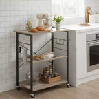 Kitchen Shelf on Wheels, Serving Cart with 3 Shelves, Kitchen Cart, Microwave Shelf, for Mini Oven, Toaster, with 6 Hooks