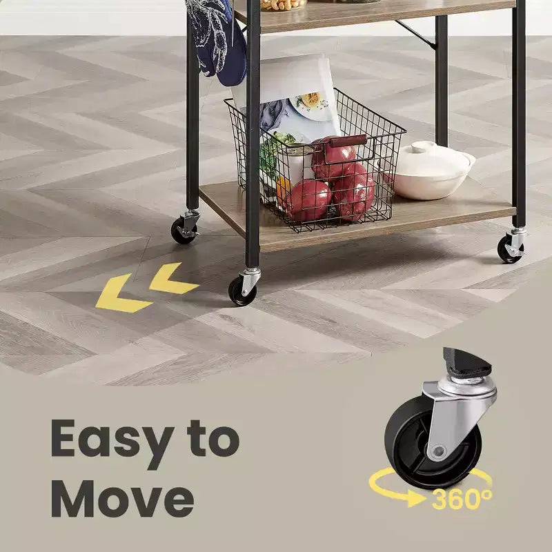 Kitchen Shelf on Wheels, Serving Cart with 3 Shelves, Kitchen Cart, Microwave Shelf, for Mini Oven, Toaster, with 6 Hooks