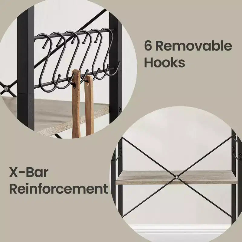 Kitchen Shelf on Wheels, Serving Cart with 3 Shelves, Kitchen Cart, Microwave Shelf, for Mini Oven, Toaster, with 6 Hooks
