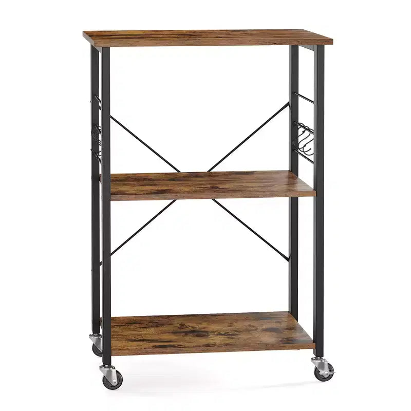 Kitchen Shelf on Wheels, Serving Cart with 3 Shelves, Kitchen Cart, Microwave Shelf, for Mini Oven, Toaster, with 6 Hooks