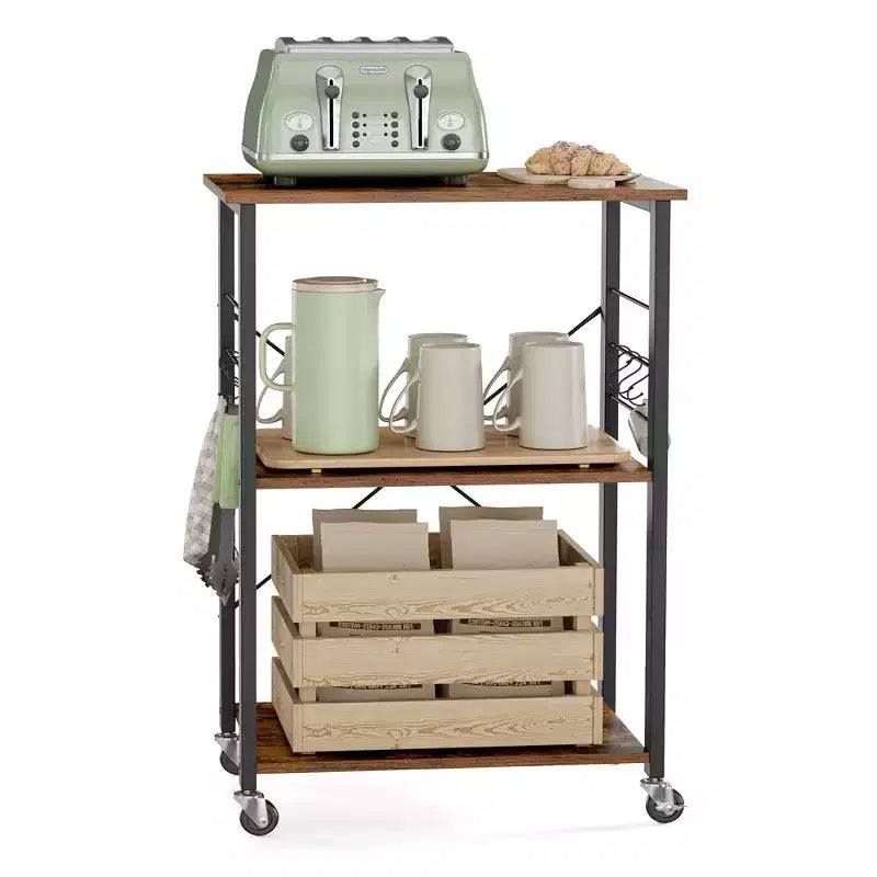 Kitchen Shelf on Wheels, Serving Cart with 3 Shelves, Kitchen Cart, Microwave Shelf, for Mini Oven, Toaster, with 6 Hooks