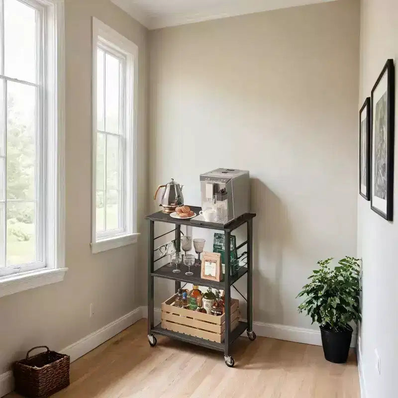 Kitchen Shelf on Wheels, Serving Cart with 3 Shelves, Kitchen Cart, Microwave Shelf, for Mini Oven, Toaster, with 6 Hooks
