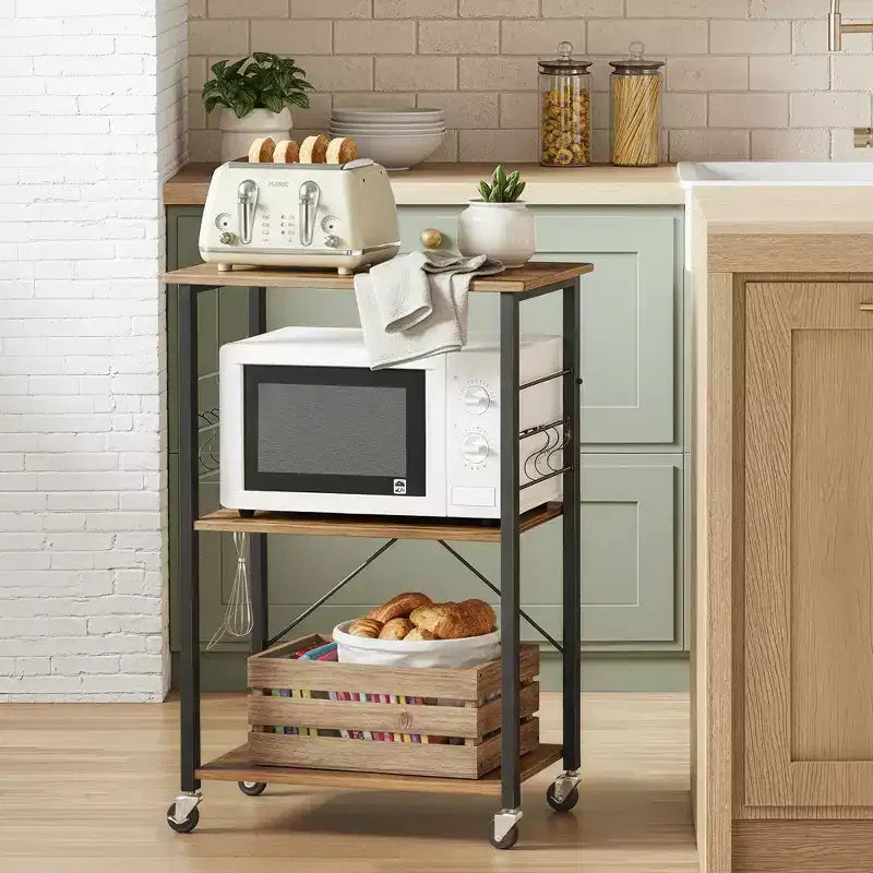 Kitchen Shelf on Wheels, Serving Cart with 3 Shelves, Kitchen Cart, Microwave Shelf, for Mini Oven, Toaster, with 6 Hooks