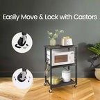 Kitchen Shelf on Wheels, Serving Cart with 3 Shelves, Kitchen Cart, Microwave Shelf, for Mini Oven, Toaster, with 6 Hooks