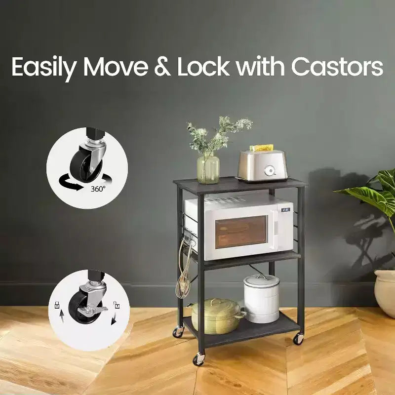 Kitchen Shelf on Wheels, Serving Cart with 3 Shelves, Kitchen Cart, Microwave Shelf, for Mini Oven, Toaster, with 6 Hooks