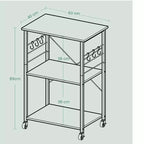 Kitchen Shelf on Wheels, Serving Cart with 3 Shelves, Kitchen Cart, Microwave Shelf, for Mini Oven, Toaster, with 6 Hooks