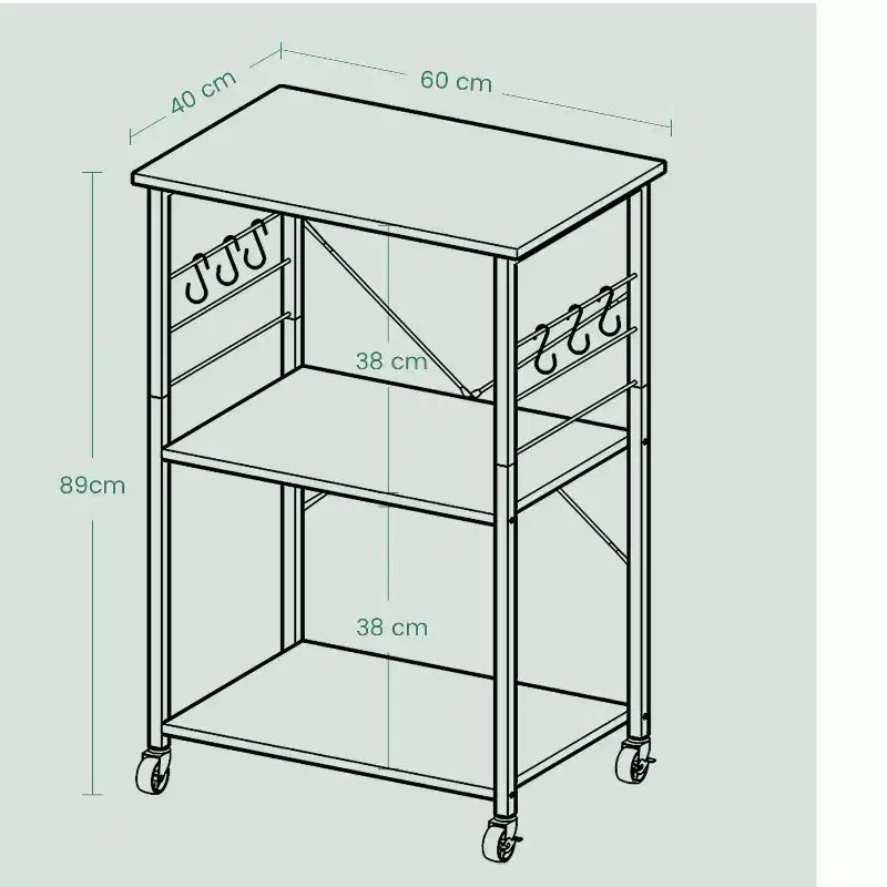 Kitchen Shelf on Wheels, Serving Cart with 3 Shelves, Kitchen Cart, Microwave Shelf, for Mini Oven, Toaster, with 6 Hooks