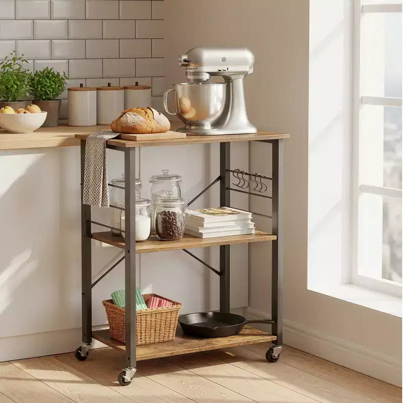 Kitchen Shelf on Wheels, Serving Cart with 3 Shelves, Kitchen Cart, Microwave Shelf, for Mini Oven, Toaster, with 6 Hooks