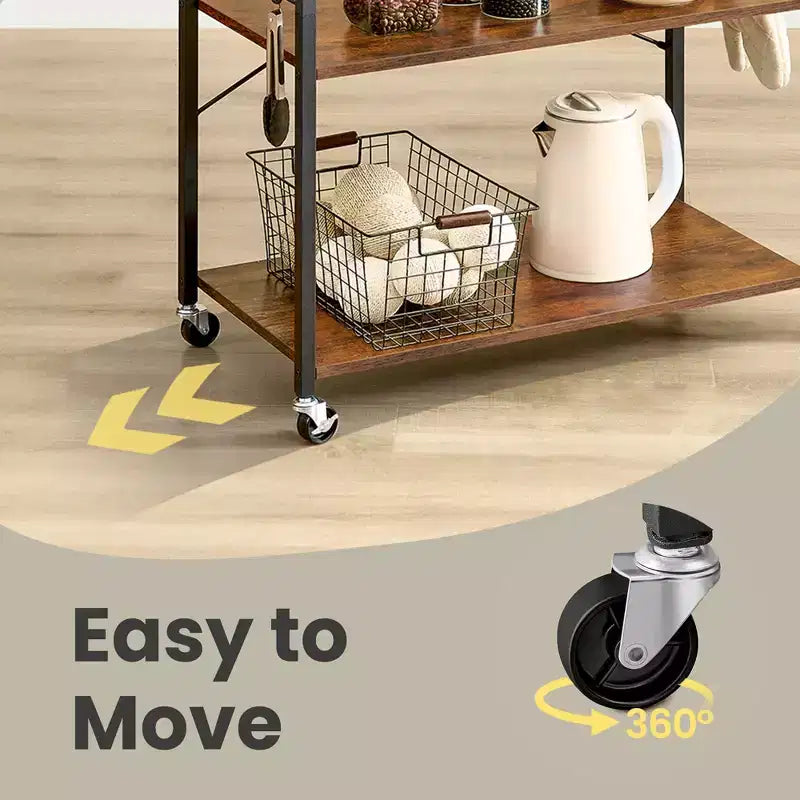 Kitchen Shelf on Wheels, Serving Cart with 3 Shelves, Kitchen Cart, Microwave Shelf, for Mini Oven, Toaster, with 6 Hooks