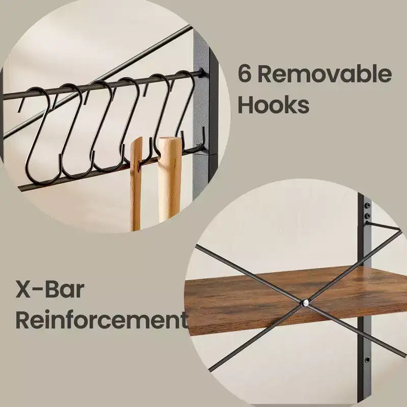 Kitchen Shelf on Wheels, Serving Cart with 3 Shelves, Kitchen Cart, Microwave Shelf, for Mini Oven, Toaster, with 6 Hooks