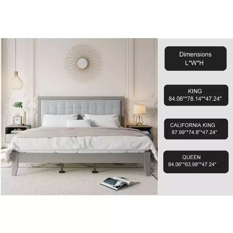 King/California King/Queen Size Platform Bed with Upholstered Headboard and Solid Wood Frame, Gray-Christopher Knight Home