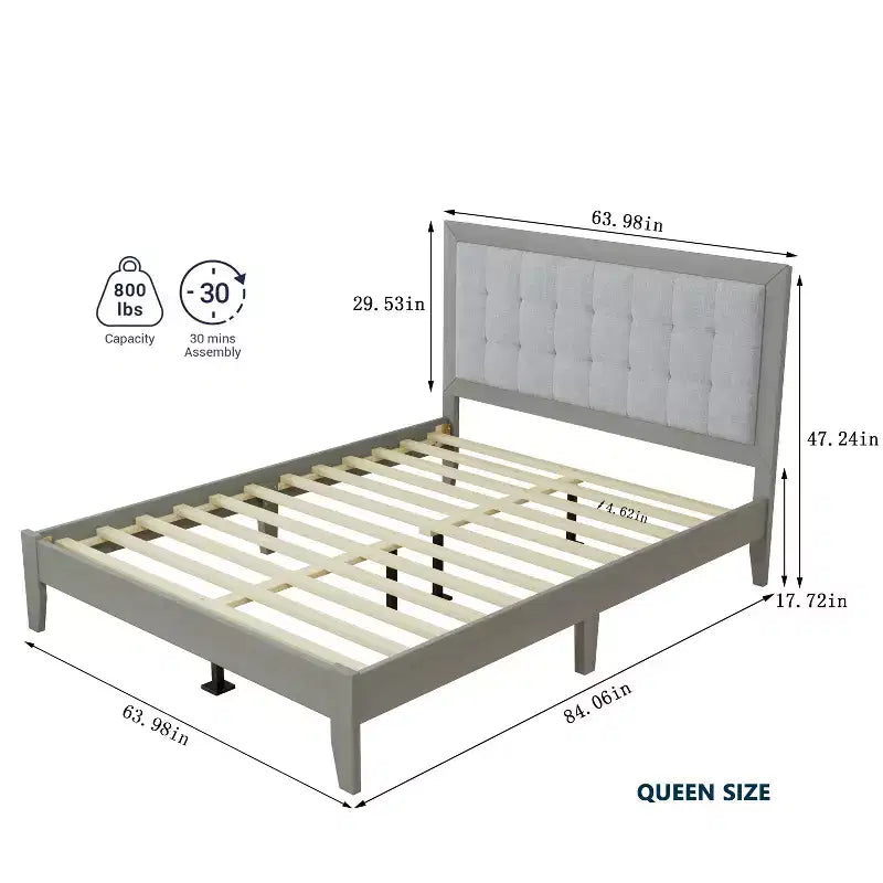 King/California King/Queen Size Platform Bed with Upholstered Headboard and Solid Wood Frame, Gray-Christopher Knight Home