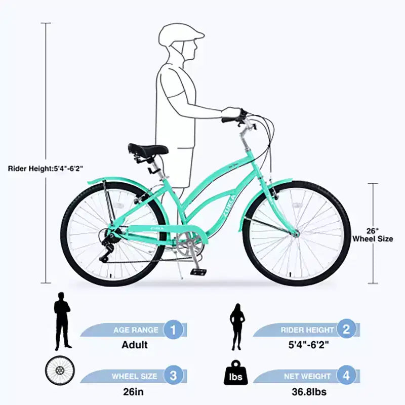 26 Inch Cruiser Bike, 7 Speed Multiple Colors Men's Women's Beach Cruiser Bike with Front and Rear V-brakes