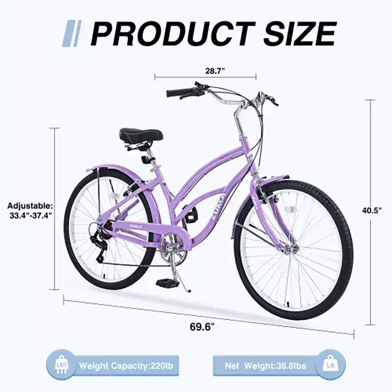 26 Inch Cruiser Bike, 7 Speed Multiple Colors Men's Women's Beach Cruiser Bike with Front and Rear V-brakes