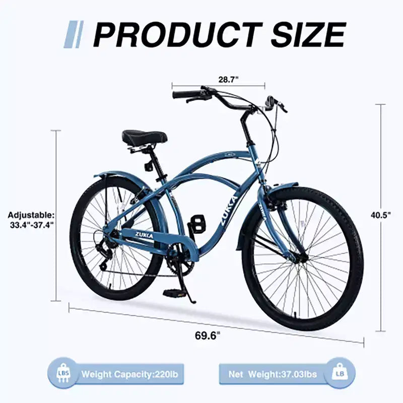26 Inch Cruiser Bike, 7 Speed Multiple Colors Men's Women's Beach Cruiser Bike with Front and Rear V-brakes