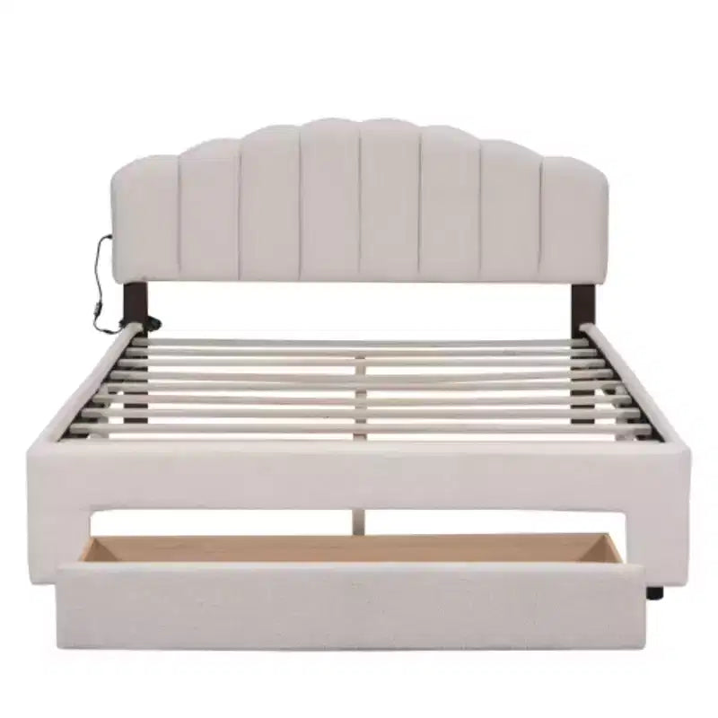Queen-Size Upholstered Platform Bed in Teddy Fleece with Storage Compartment