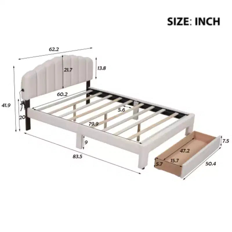 Queen-Size Upholstered Platform Bed in Teddy Fleece with Storage Compartment