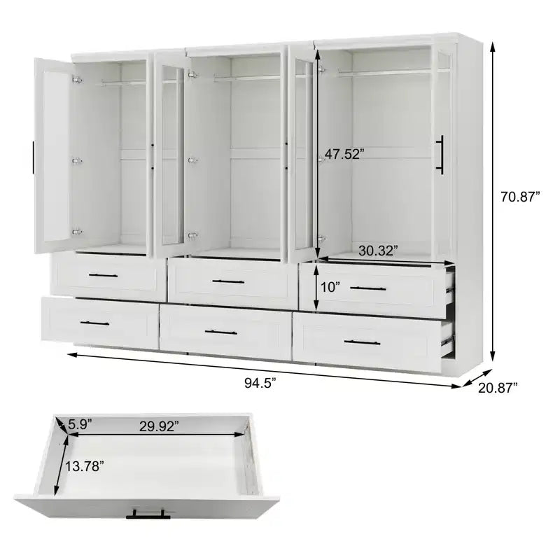 Keloyid White Wood 94.5 in. Armoire with 6 Drawers and 6 Doors