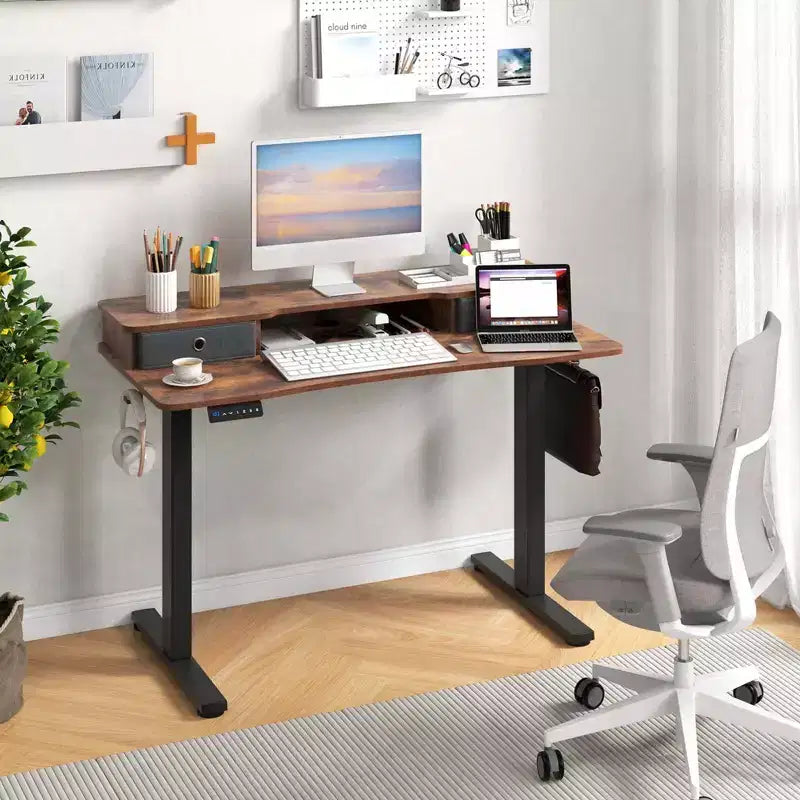 Costway 48x 24 Electric Standing Desk with 2 Drawers Monitor Stand Storage Shelf Brown/Black/White